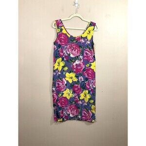 VTG Womens 100% Silk Floral Shift Dress 6 Purple Pink Roses Colorful Cottage 90s